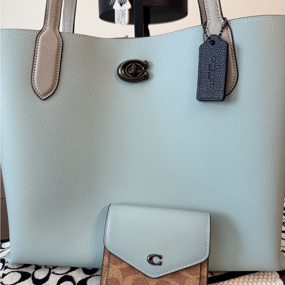 Coach Willow Tote Colorblock Aqua Grey w/Wallet